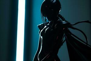 an image of a woman in a black suit standing in front of a light generative ai photo