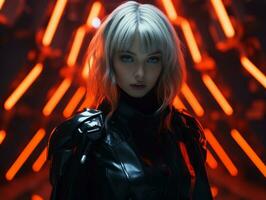 an image of a woman in a black suit with neon lights generative ai photo