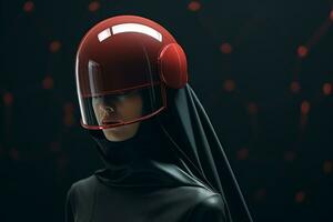 an image of a woman wearing a red helmet photo