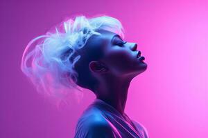 an image of a woman with a white mohawk in front of a purple background generative ai photo