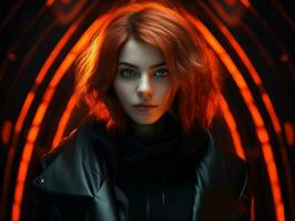 an image of a woman with red hair and black jacket generative ai photo