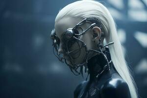 an image of a woman with white hair and a metal mask generative ai photo