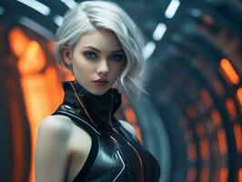 an image of a woman with white hair and blue eyes generative ai photo