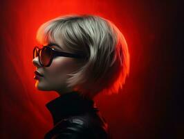 portrait of a young woman with short blonde hair and glasses on a red background generative ai photo