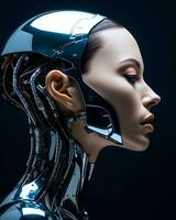 3d rendering of a female cyborg on a dark background photo