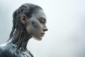 3d rendering of a female cyborg on a gray background photo