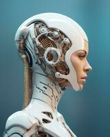 3d rendering of a female cyborg on a blue background generative ai photo