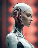 3d rendering of a female cyborg with red lights on her head generative ai photo