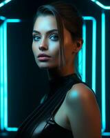 un hermosa mujer en un futurista ajuste con neón luces generativo ai foto