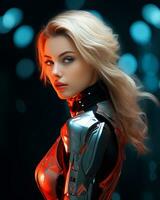 a beautiful blonde woman in a futuristic suit generative ai photo