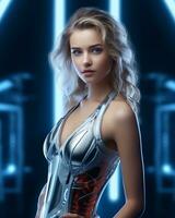 a beautiful young woman in a futuristic outfit generative ai photo