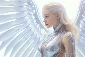 a beautiful blonde woman with angel wings generative ai photo