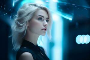 a beautiful blonde woman in a futuristic setting generative ai photo