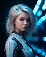 un hermosa mujer en un futurista traje generativo ai foto