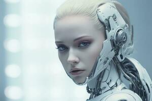 un cerca arriba de un mujer en un robot traje generativo ai foto