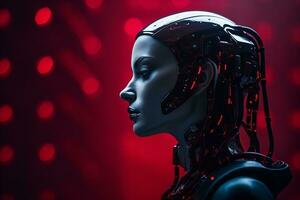 a female robot with red lights in the background generative ai photo