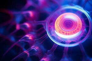 a close up of a blue and pink light in the center of a wheel generative ai photo
