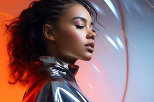 a beautiful young woman in a shiny silver jacket generative ai photo
