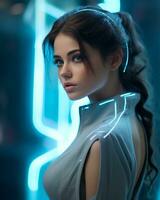 un hermosa mujer en un futurista atuendo con neón luces generativo ai foto