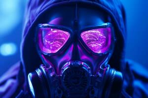 a man in a gas mask with purple eyes generative ai photo