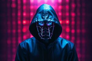 a man in a black hoodie with neon lights on his face generative ai photo