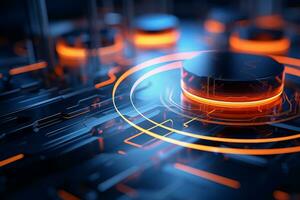 a close up of an electronic circuit board with orange lights generative ai photo