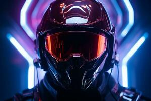 un hombre en un futurista casco con neón luces generativo ai foto