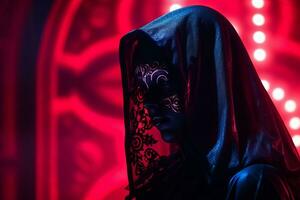 a woman in a black hooded robe with red lights behind her generative ai photo