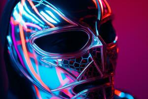 a person wearing a neon mask in front of a purple background generative ai photo