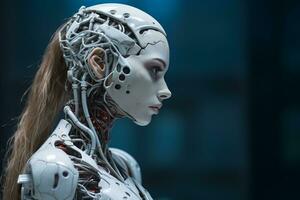 a female robot with long hair in front of a blue background generative ai photo