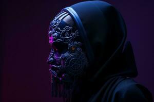 a woman in a black hooded robe with purple lights on her face generative ai photo