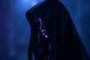 a woman in a black hooded robe with purple light behind her generative ai photo