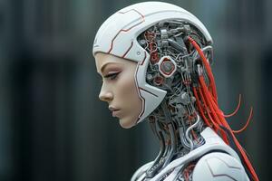 a female robot with red hair and wires on her head generative ai photo