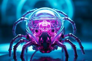 a robot spider with glowing eyes on a dark background generative ai photo