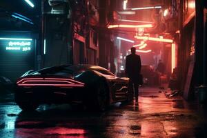 a futuristic car is parked in the middle of a city street at night generative ai photo