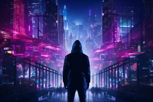 a man in a hoodie standing in front of a city at night generative ai photo