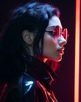 a woman in a black leather jacket and red glasses standing in front of a neon light generative ai photo