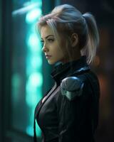a woman in a black leather jacket standing in front of a window generative ai photo