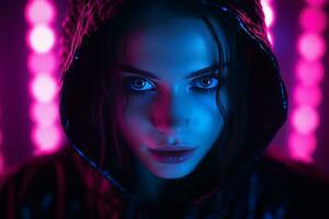 a woman in a black hoodie with neon lights behind her photo