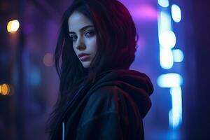 a woman in a black jacket standing in front of neon lights photo