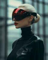 a woman in a black leather jacket and red glasses generative ai photo