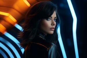 a woman in a black leather jacket standing in front of neon lights photo