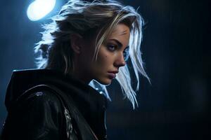 a woman in a black leather jacket standing in the rain photo