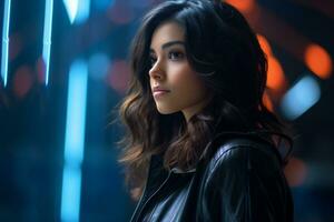 a woman in a black leather jacket standing in front of neon lights photo