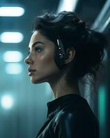 a woman in a black leather jacket with a headset on her head generative ai photo