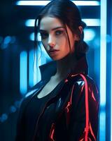 a woman in a black leather jacket with neon lights photo