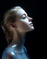 a woman in a futuristic body suit with glowing blue skin generative ai photo