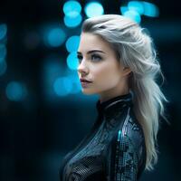 a woman in a futuristic outfit with blue lights behind her generative ai photo