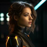 un mujer en un futurista atuendo con neón luces foto