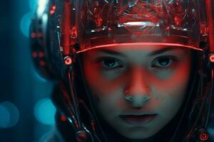 a woman in a futuristic helmet with glowing eyes photo